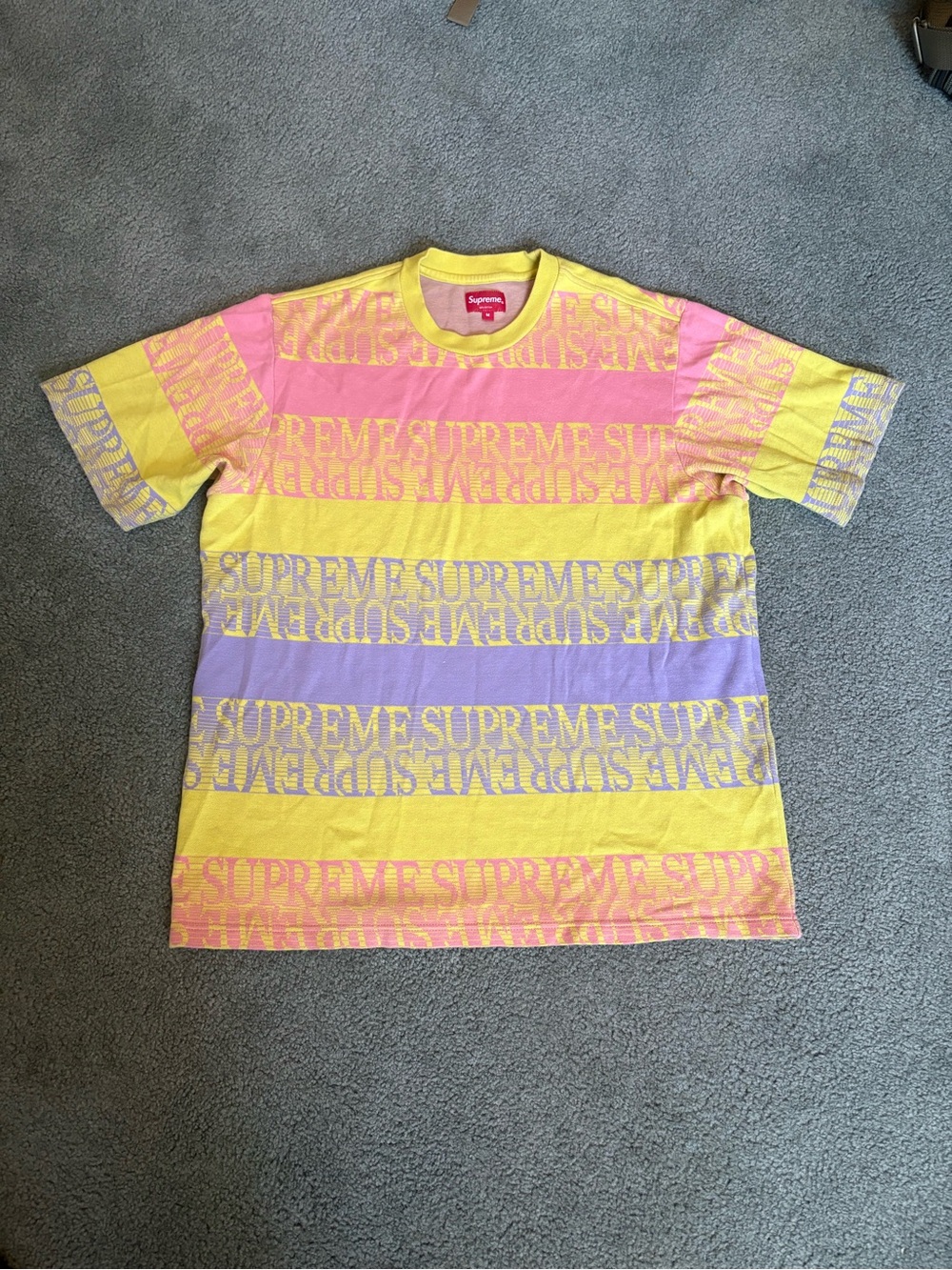 Supreme Men’s Pastel Stripe Logo Tee - Yellow Pink Purple